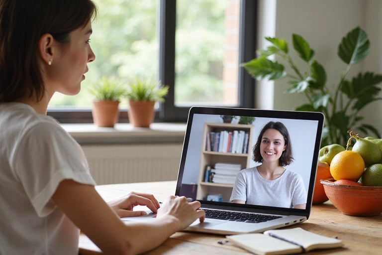 Persona teniendo una videollamada de consulta nutricional en una laptop, con frutas y un diario en la mesa.
