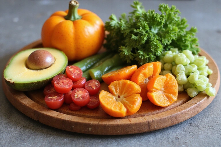Variedad de alimentos frescos vegetarianos y veganos, incluyendo verduras, frutas y legumbres, dispuestos de forma atractiva.
